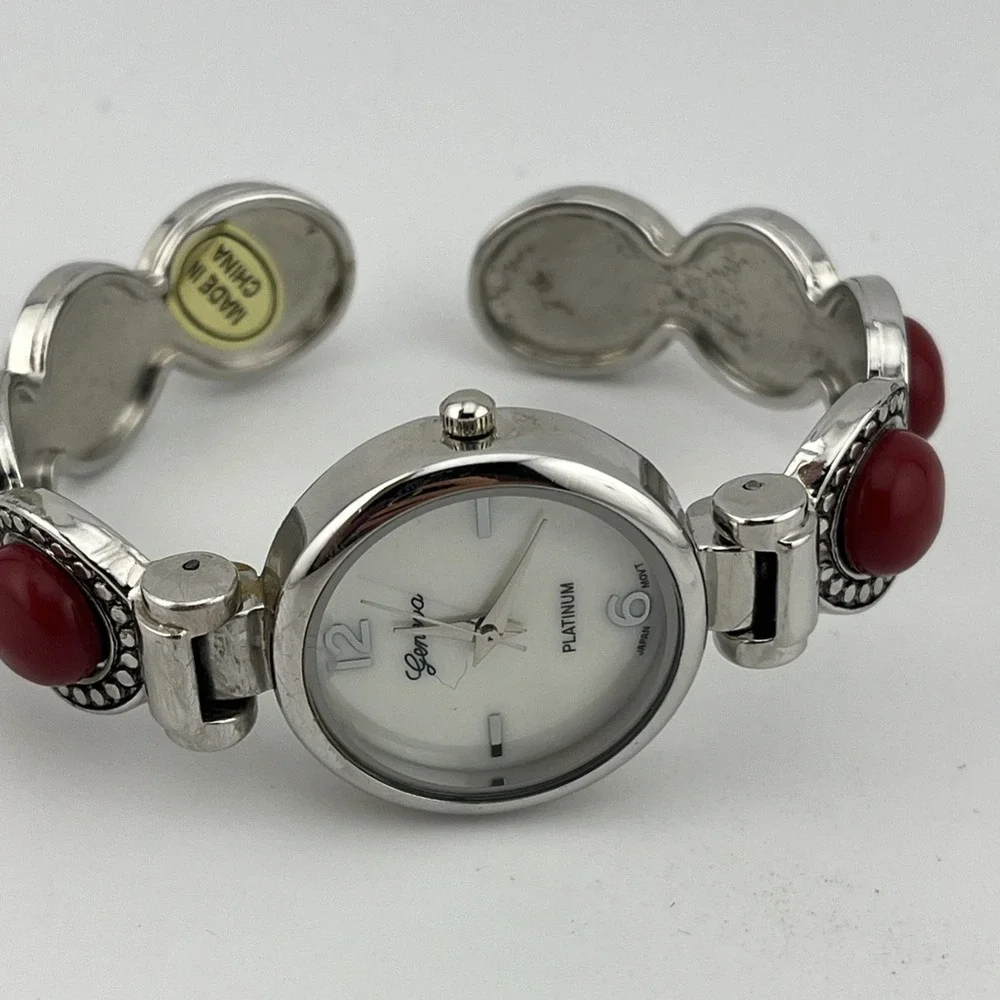 Geneva Platinum Watch Women 28mm Case‎ MOP Dial Bangle Red Accents- New Battery